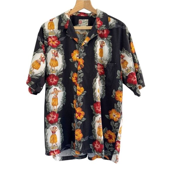 VTG HILO HATTIE Men's Sz XL Black Floral Tropical Print Hula Girl Shirt USA - Picture 1 of 9